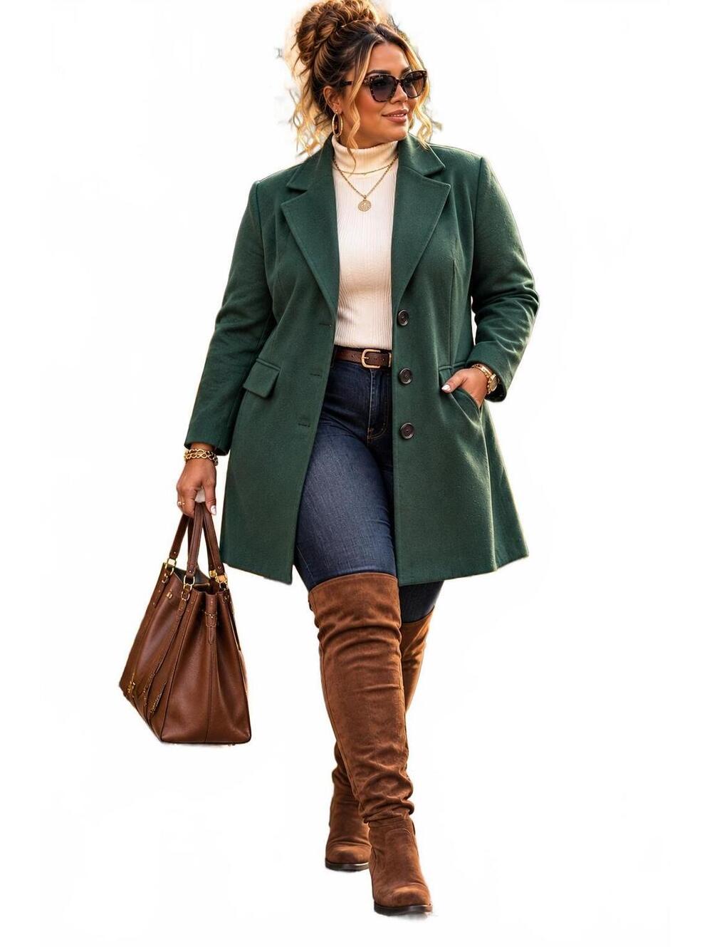Allegra K Forest Green Single Breast Preppy Notched Lapel Peacoat-Size Large